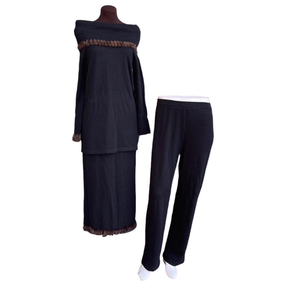 Mel & Lisa Vintage Cashmere Silk Mink Fur Boatneck  Black Top, Skirt & Pants S